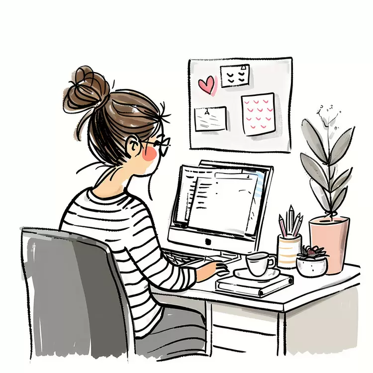 Woman Working on Computer with Striped Shirt