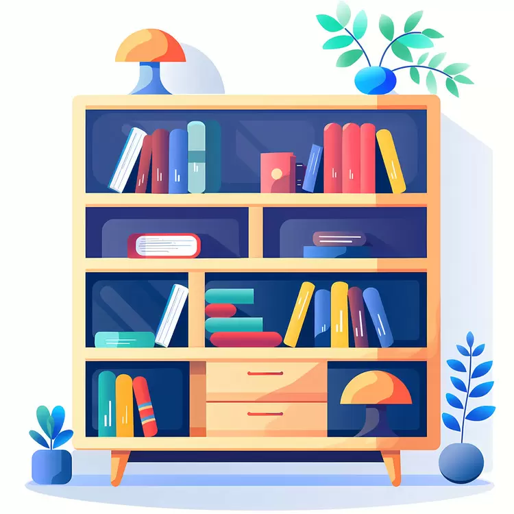 Bookshelf with Books and Decorative Lamps