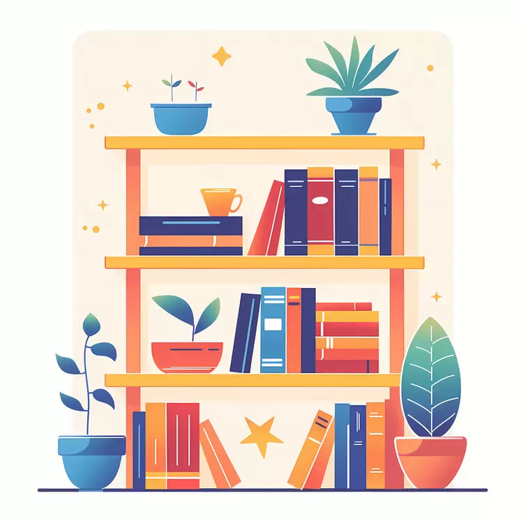 Bookshelf with Books and Green Plants