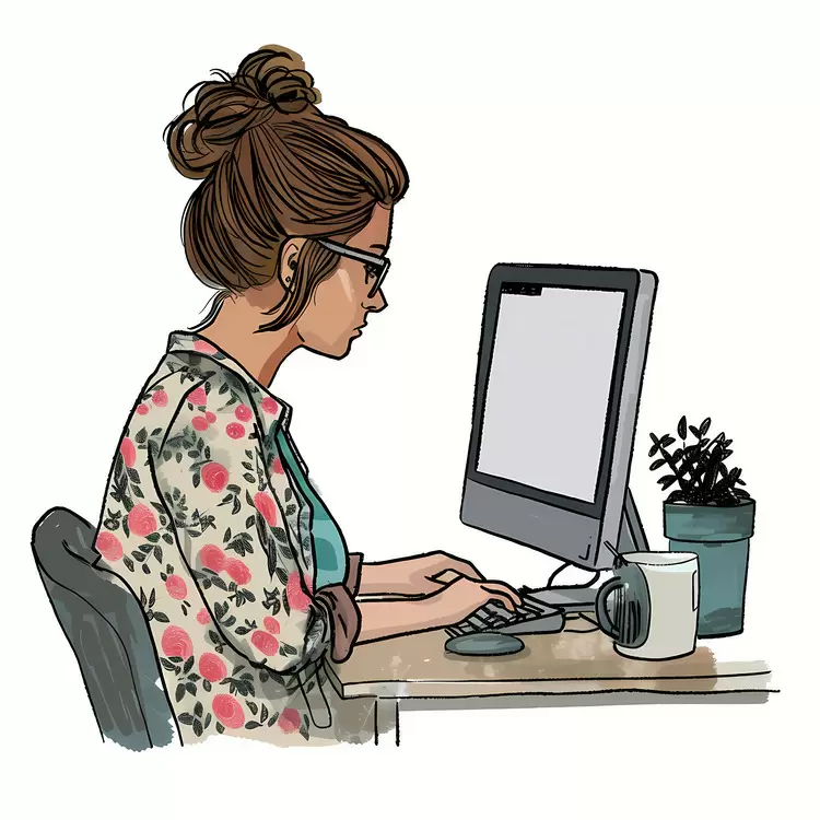 Woman Working on Computer in Floral Cardigan