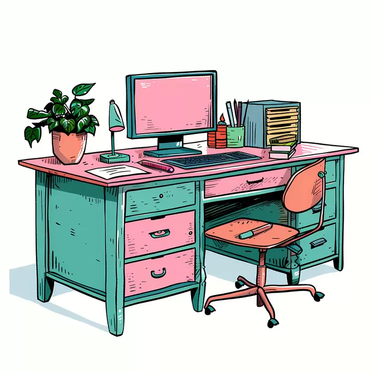Vintage Desk with Computer and Lamp