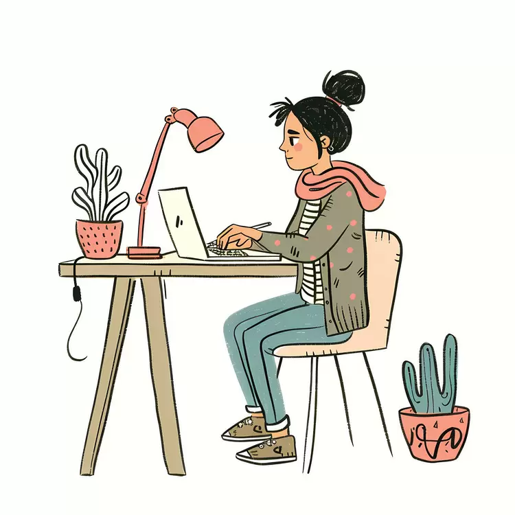 Girl Working on Laptop with Desk Lamp and Plants