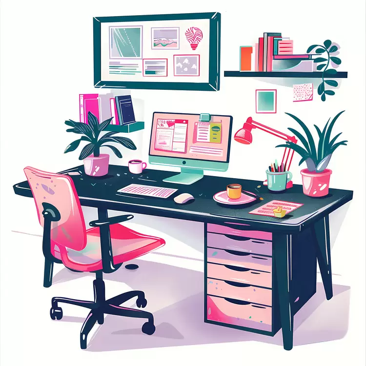 Stylish Desk with Computer and Plants