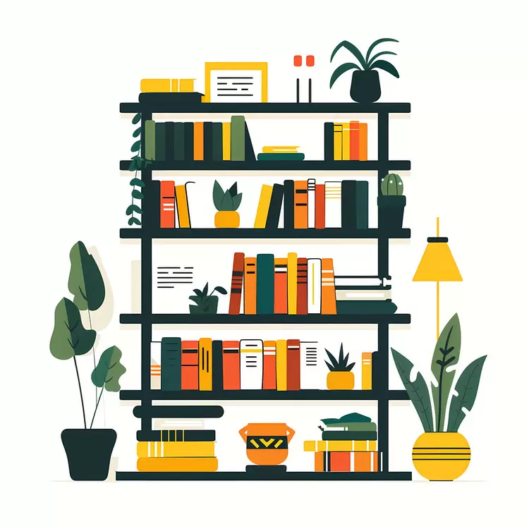 Bookshelf with Books and Yellow Accents