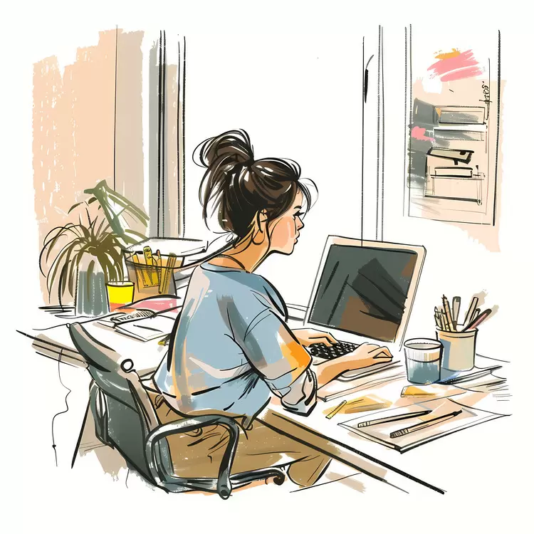 Woman Concentrating on Laptop in Bright Room
