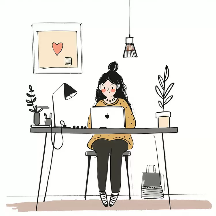 Girl Working on Laptop with Desk Lamp and Plants