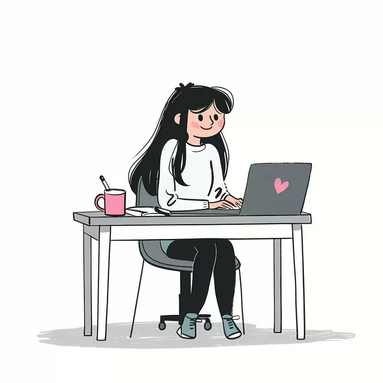 Girl Working on Laptop with Heart Icon