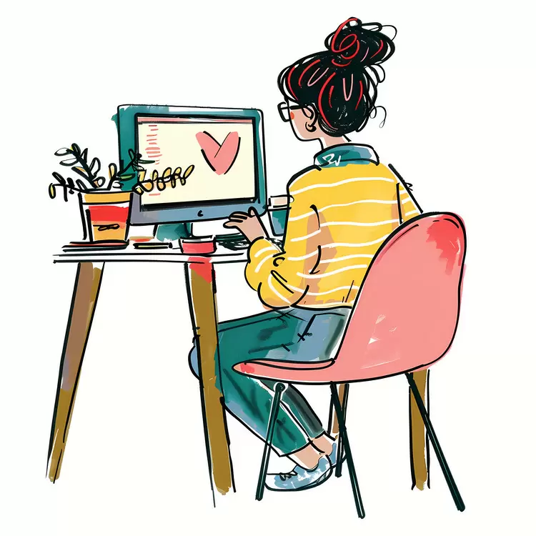 Woman Working on Computer with Plant on Desk