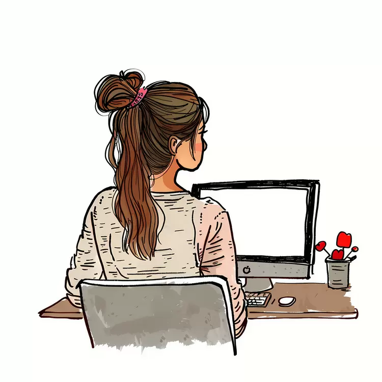 Girl Typing at Computer in Cozy Office