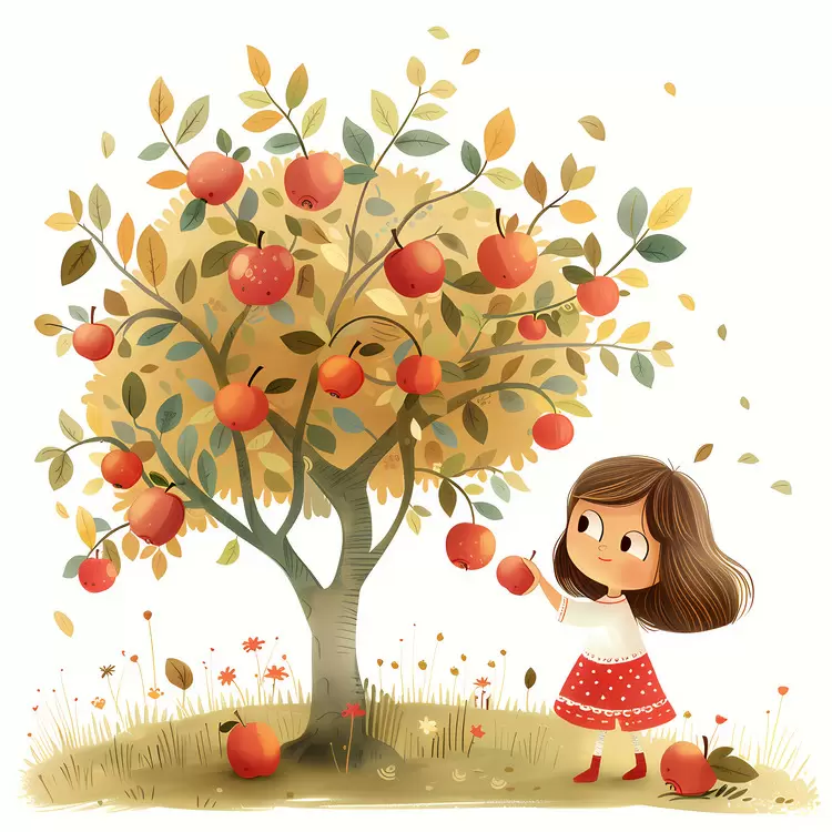 Delighted Girl by the Apple Tree