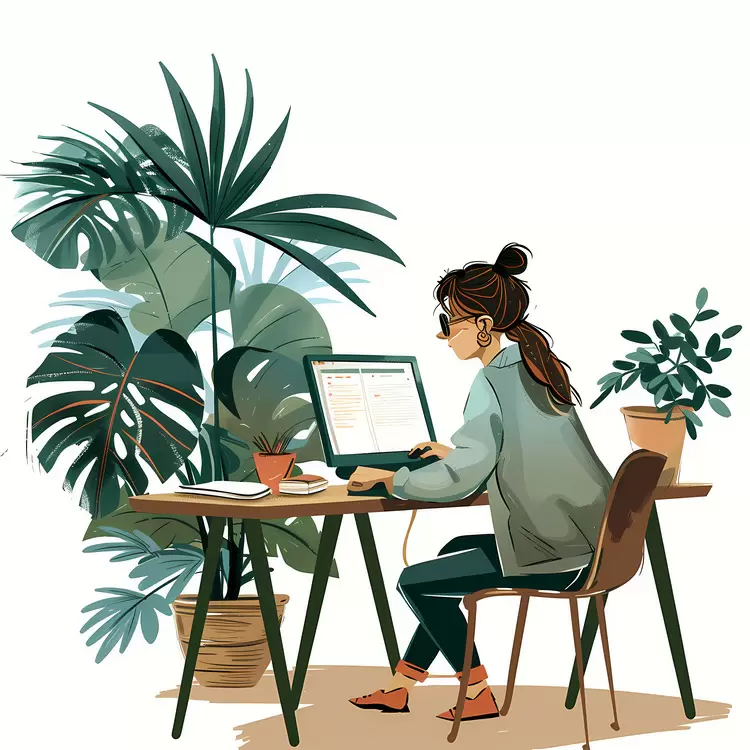 Woman Reading at Desk with Plants