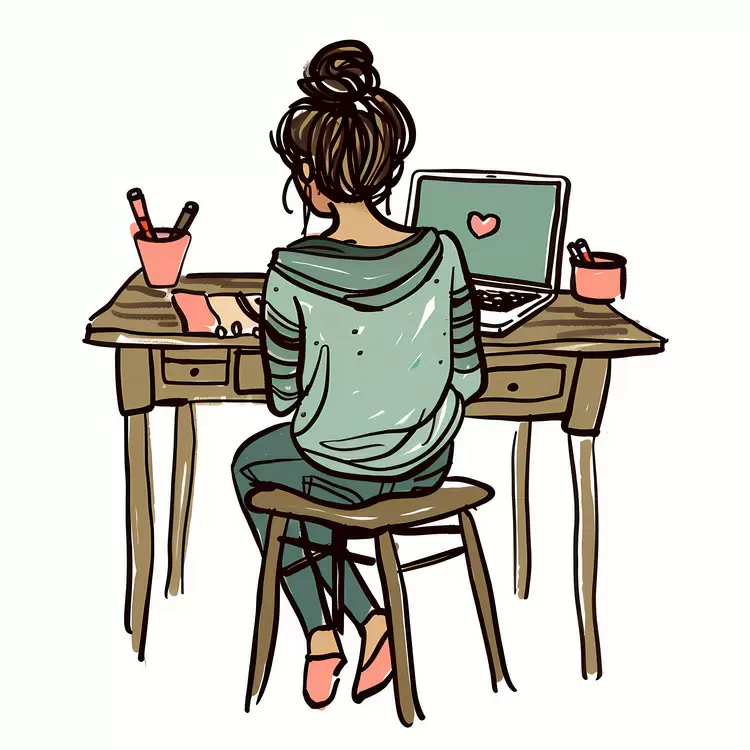 Girl Working on Laptop with Heart Icon and Stationery