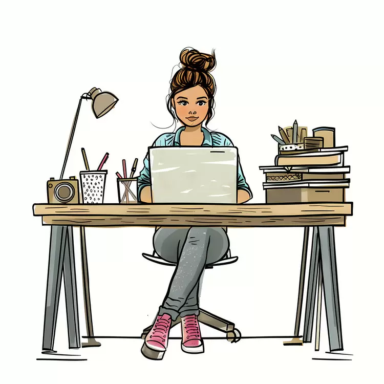 Girl Working on Laptop with Books and Stationery