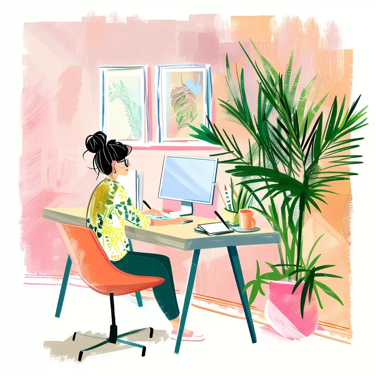 Woman Reading at Desk with Plants