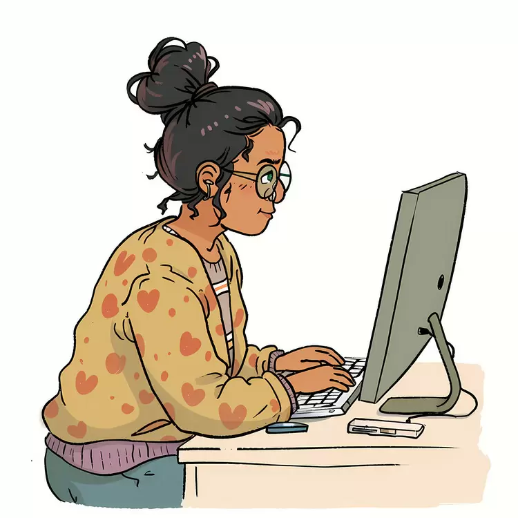 Woman Working on Computer in Heart-Patterned Sweater