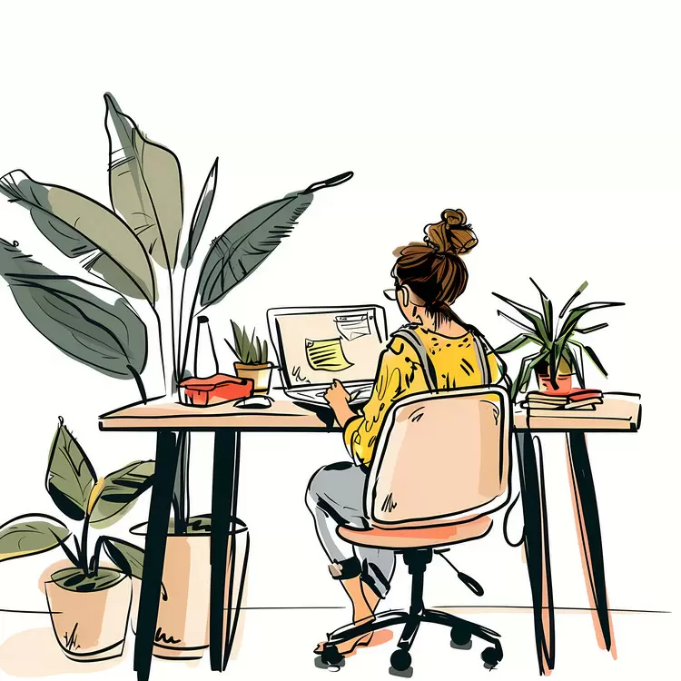 Woman Working on Computer Surrounded by Plants