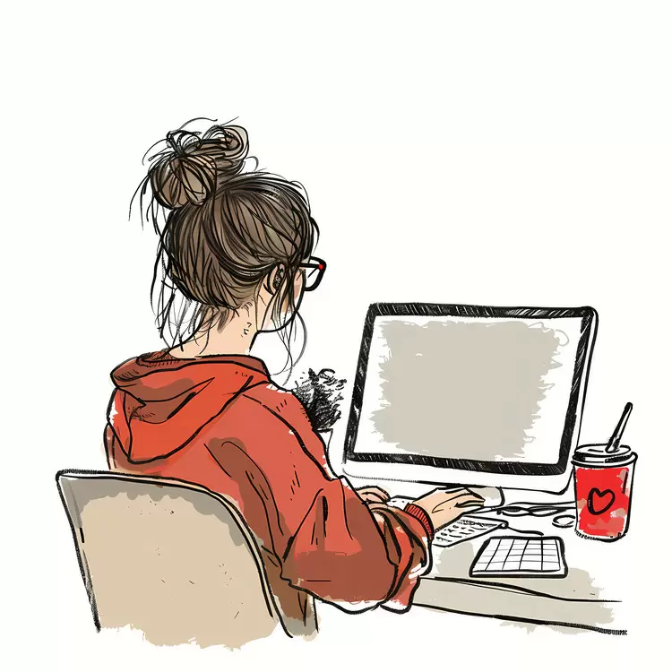 Girl Working at Computer in Cozy Workspace