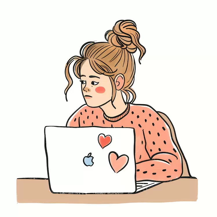 Girl Working on Laptop with Heart Stickers