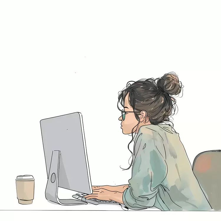 Woman Working on Computer with Coffee Cup