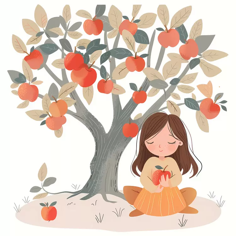Girl Sitting with Apple Under Tree