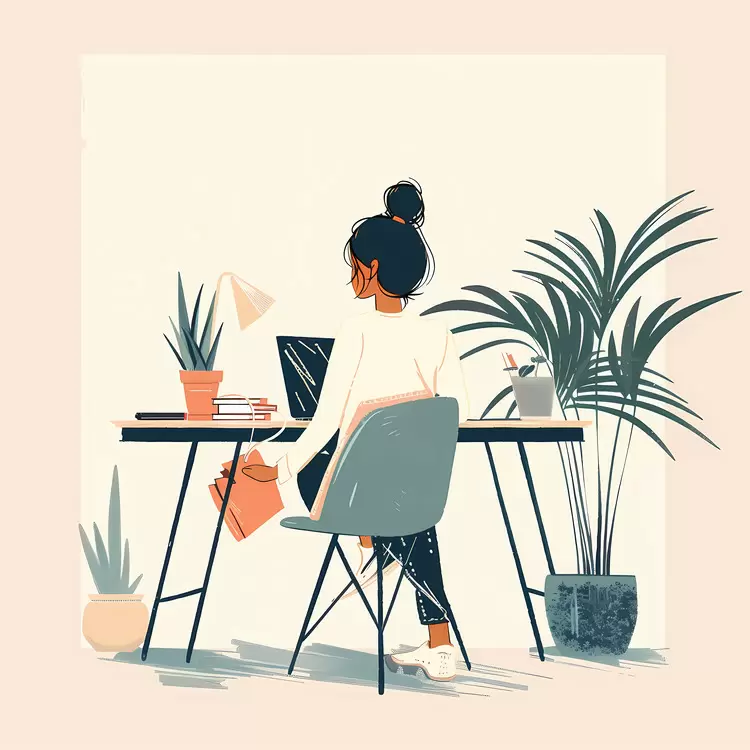 Woman Working at Desk with Plants
