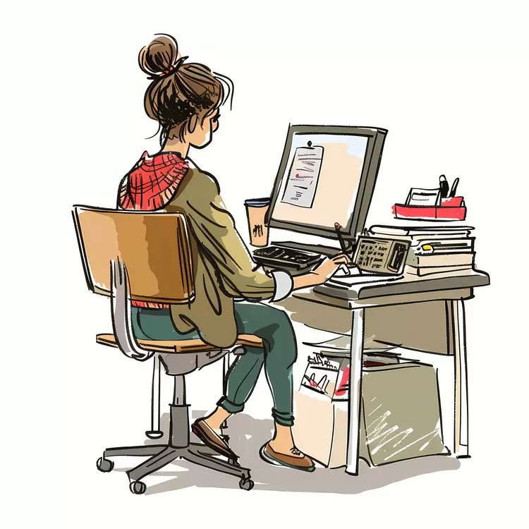 Woman Working on Computer in Green Jacket