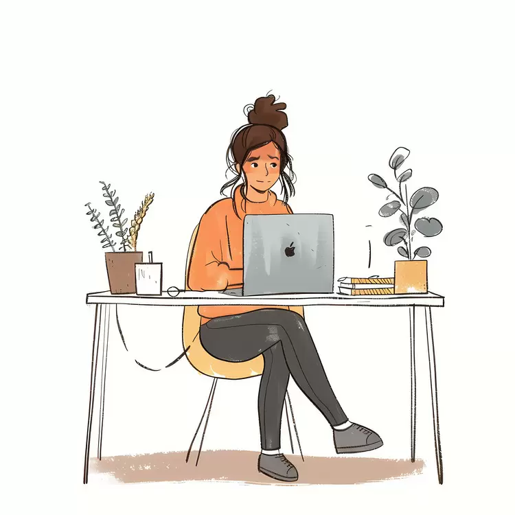 Girl Working on Laptop with Plants on Desk