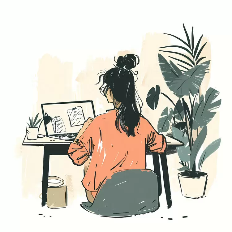 Woman Reading at Desk with Plants