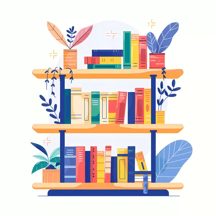 Bookshelf with Books and Colorful Plants