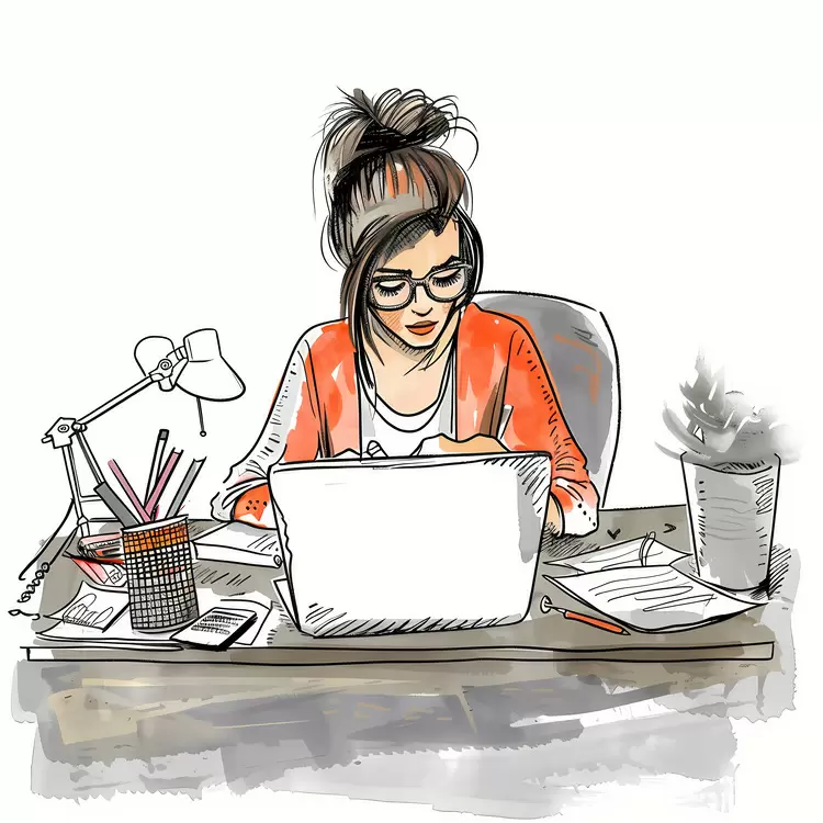 Woman Working on Laptop in Orange Cardigan