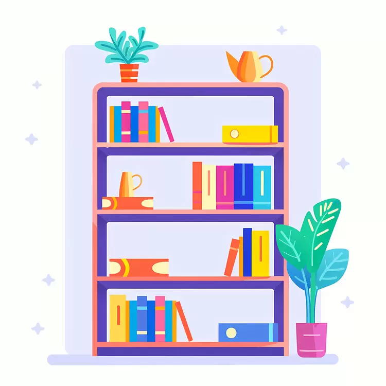 Colorful Bookshelf with Books and Plants