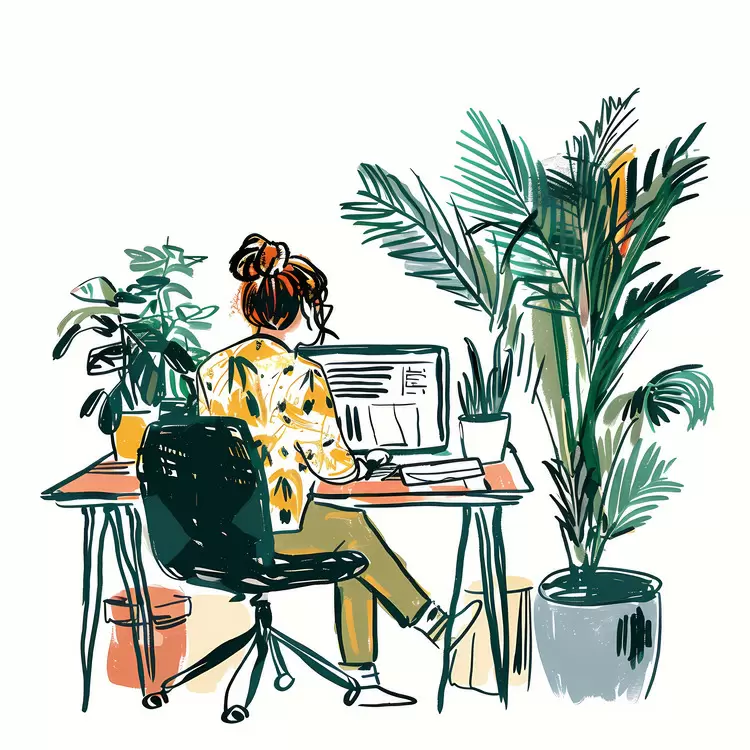Woman Working on Laptop Surrounded by Greenery