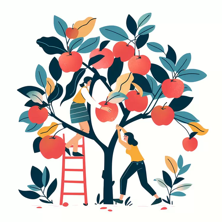 Two People Picking Apples from Tree