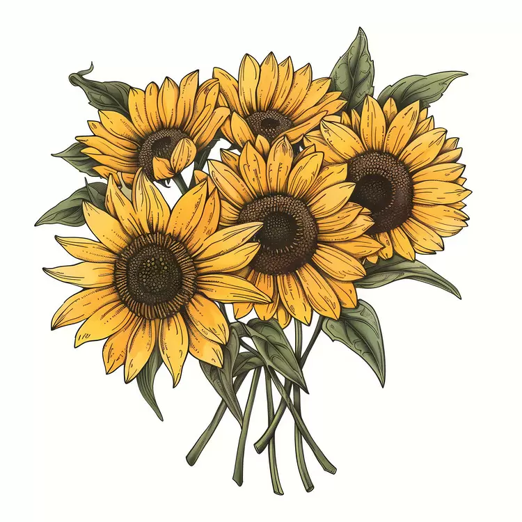 Sunflower Bouquet with Fresh Green Leaves