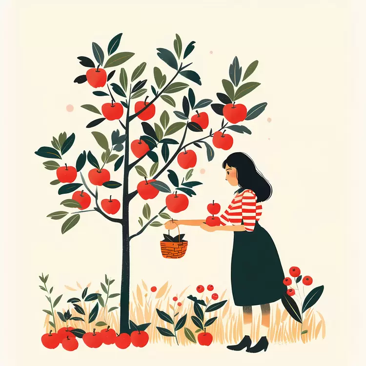 Woman Collecting Apples from Tree