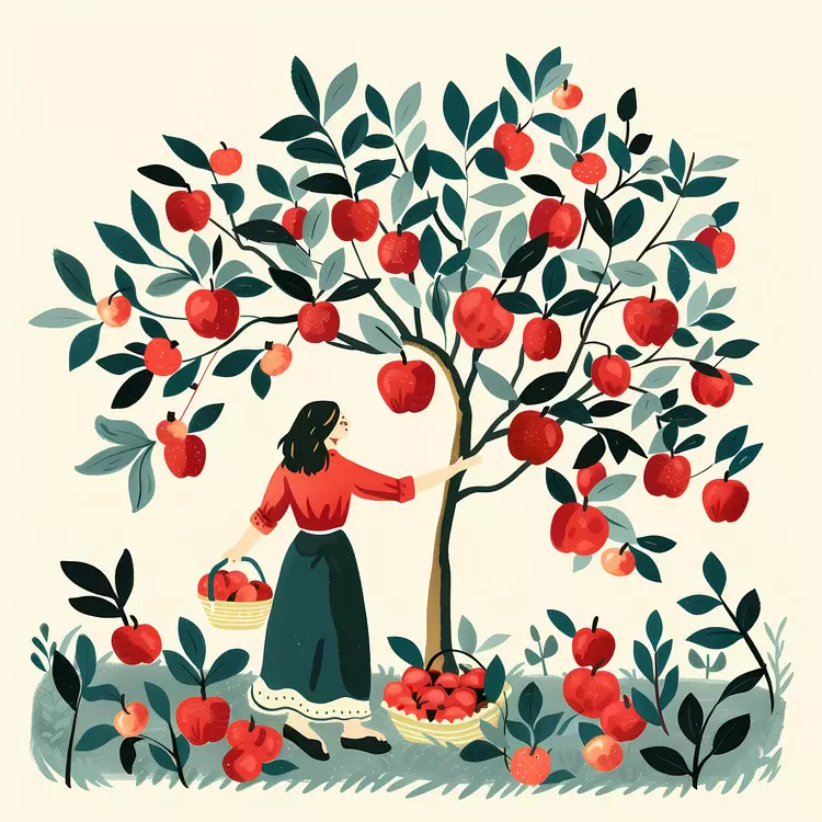 Woman Picking Red Apples from Tree