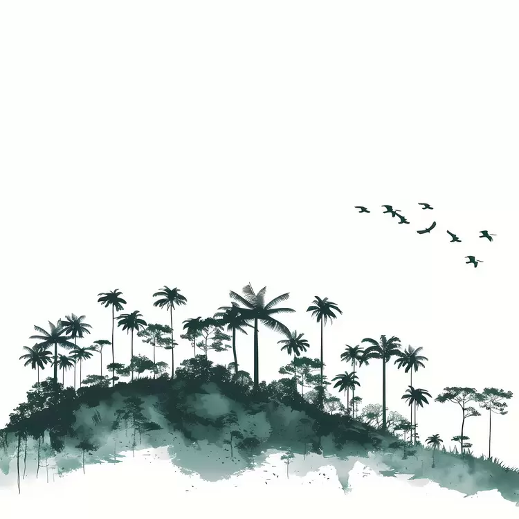 Silhouette of Palm Trees with Flying Birds