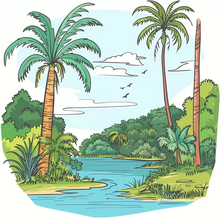 Lush Riverbank Surrounded by Tropical Flora