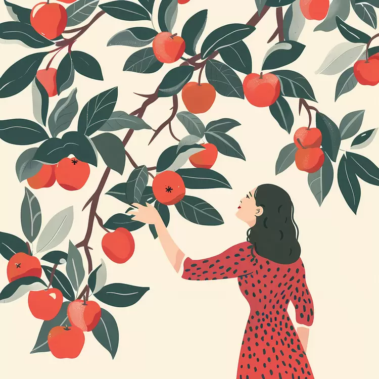 Woman Reaching for Apples on Tree