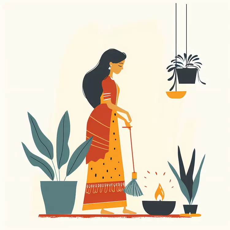 Woman Sweeping Near a Fire