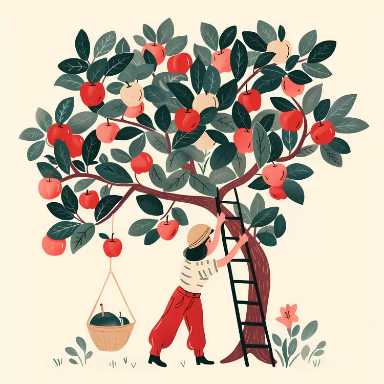 Woman Climbing to Pick Apples from Tree