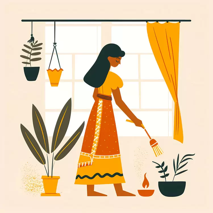 Woman Cleaning with Fire in the Background