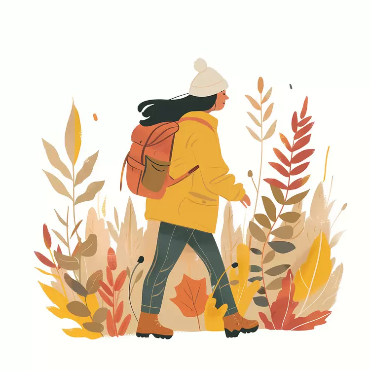 Hiker in Yellow Jacket Among Autumn Leaves