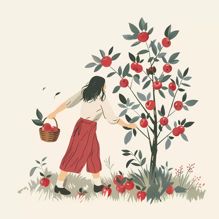 Woman Collecting Apples from Tree