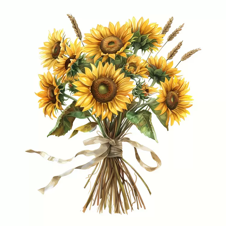 Simple Sunflower Bouquet with Wheat Stalks