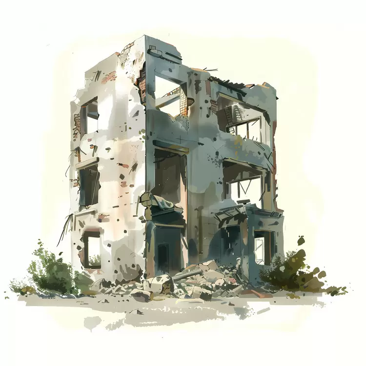 Abandoned Ruined Building in Watercolor Style