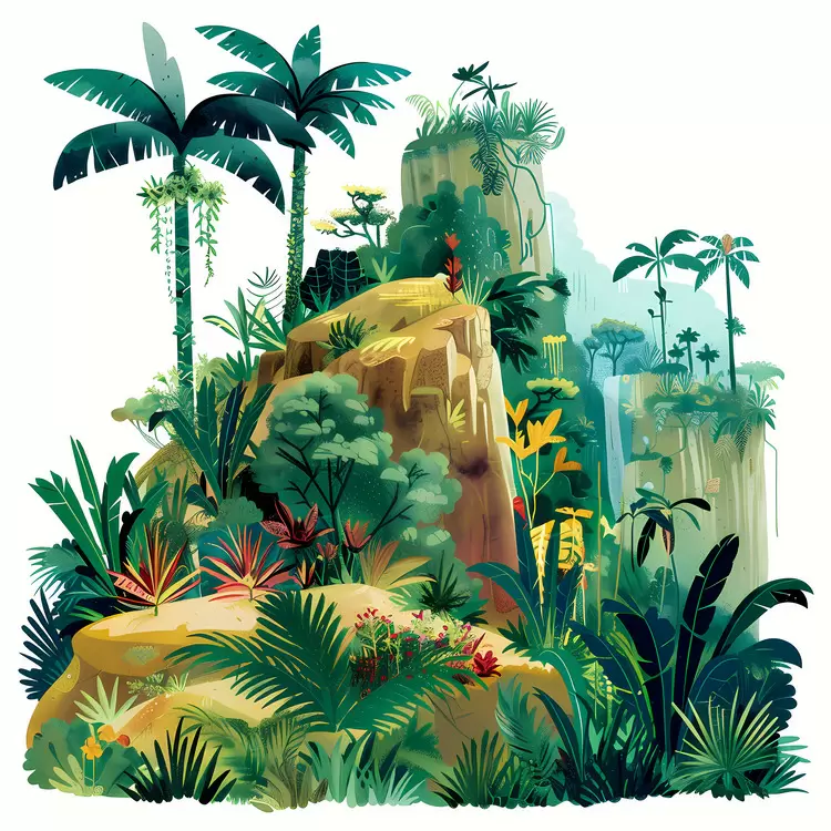 Rocky Jungle Landscape with Lush Vegetation