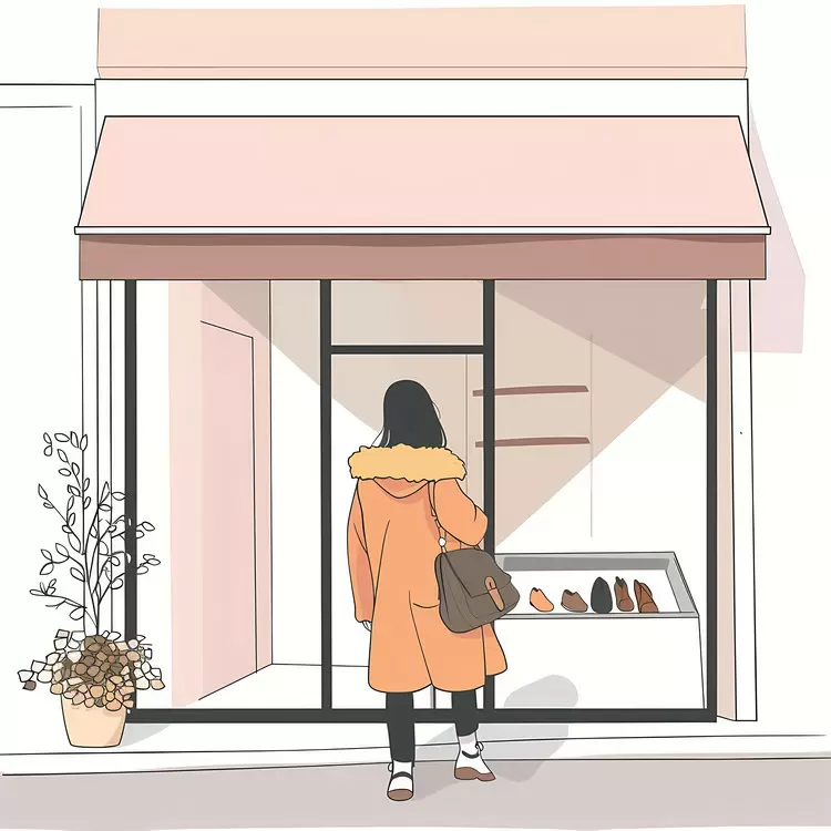 Woman browsing a shoe store on a cozy street