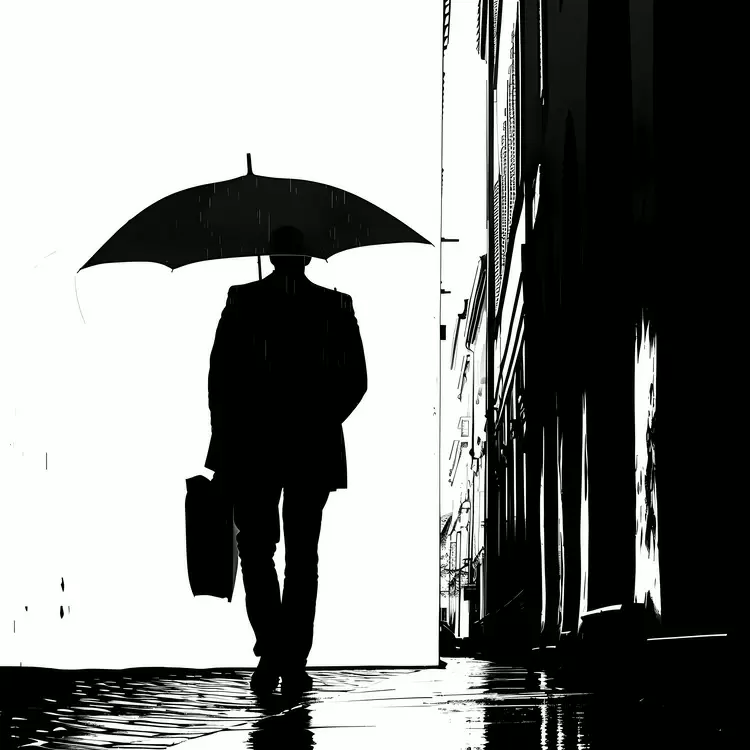 Silhouette of a businessman with an umbrella in the rain