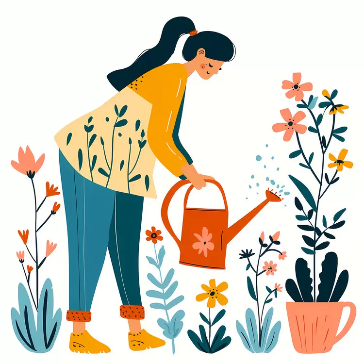 Woman Watering Plants in Garden